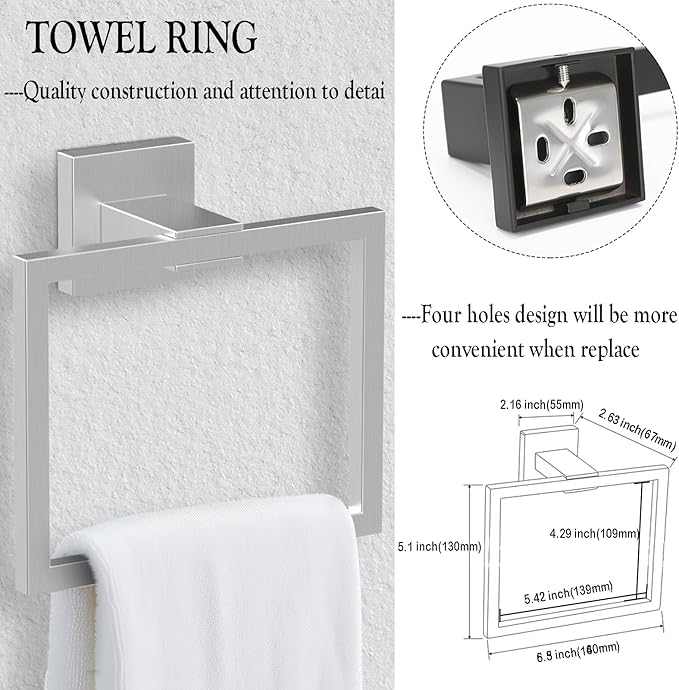 BOZWELL 5 Piece Brushed Nickel Stainless Steel Towel Bar Set, 23.6 inch Square Bathroom Hardware Accessories Set,Wall Mounted Towel Racks for Bathroom