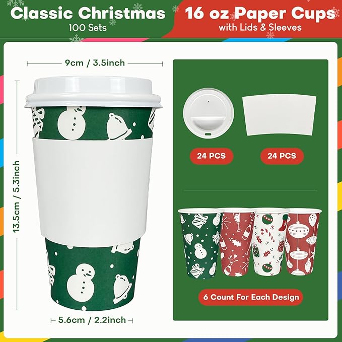 Christmas To Go Coffee Cups with Lids 16 oz Insulated Cups, 100 Packs Hot Cup for Chocolate/Coffee/Tea/Water/Juice, Coffee Bar Accessories with Lid & Sleeve, Christmas Cups Disposable Supplies