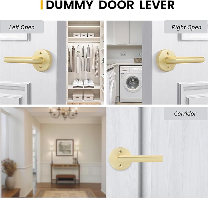 Goldenwarm Gold Door Handles Dummy, Bruhsed Gold Door Handle Zinc Alloy, No-Turning Dummy Door Levers for Closet Hallway(4 Pieces/2 Pack)