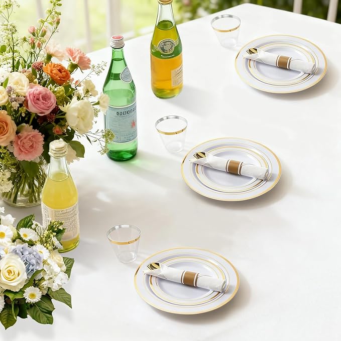 M MCIRCO 175 Piece Gold Dinnerware Set - 50 Plastic Plates, 25 Cups, 25 Pre Rolled Napkins with Plastic Silverware, Disposable Gold Dinnerware Set for 25 Guest