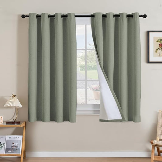 H.VERSAILTEX Linen Curtains 100% Blackout Curtains for Bedroom 54 inch Long Full Light Blocking Nature Linen Blended Window Curtains for Living Room Nickel Grommet (2 Panels, Heathered Dried Sage)