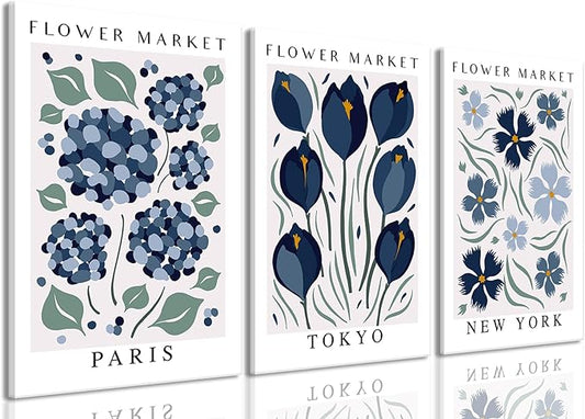 BingruiArt Flower Market Wall Art Navy Blue Canvas Boho Floral Wall Decor Modern Retro Botanical Posters Prints Pictures for Livingroom Batroom Bedroom Dorm Room 3Pcs 12"x16" Framed