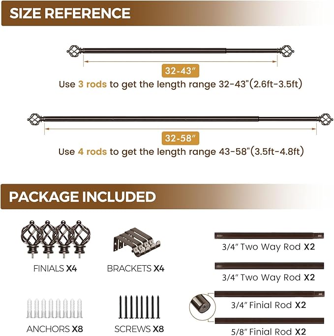 KAMANINA 2 Pack Curtain Rods 32 to 58 Inches (2.6-4.8ft), 3/4 Inch Curtain Rods for Windows Splicing Adjustable Single Drapery Rod with Twisted Cage Finial, for Indoor and Outdoor, Bronze