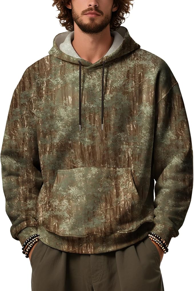 Mens Camo Hoodies Maple Leaf Graphic Camouflage Pullover Sweatshirts Hooded Fleece Casual Hunting Fall Outfits