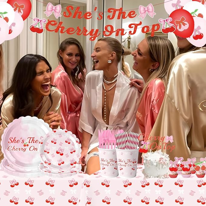 Birthday Party Decorations, Pink Cherry Theme Party Kit for Sweet Ladies and Girls, Total 214 PCS for 24 People, Including Banners,Cherry Plates,Cups and Other PINK Birthday Party Decorations