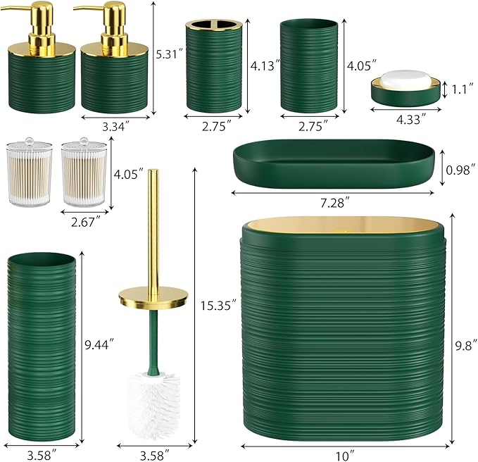 Bathroom Set, 10PC Bathroom Accessory Set, Green Bathroom Accessories, Green and Gold Bathroom Set with Trash Can, Soap Dispensers