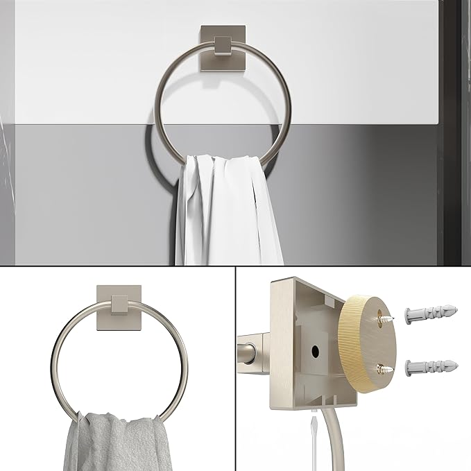 Ruacq Brushed Nickel Toilet Paper Holder Towel Ring Bathroom Accessories Hardware Set Double Post Pivoting Toilet Roll Holder Square Stainless Steel and Zinc Alloy Modern Wall Mounted 2 Pieces