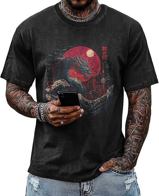 Mens Dragon Grpahic T-Shirts Short Sleeve 100% Cotton Crewneck Big and Tall Outdoor Summer Quick Dry Undershirts