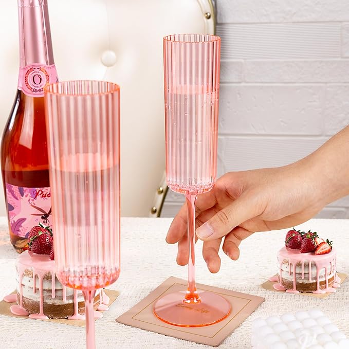 36 Pack Pink Plastic Champagne Flutes - 6oz Ribbed Disposable Champagne Glasses - Clear Pink Vintage Mimosa Glasses with Long Stem Elegant & Lightweight for Wedding Party