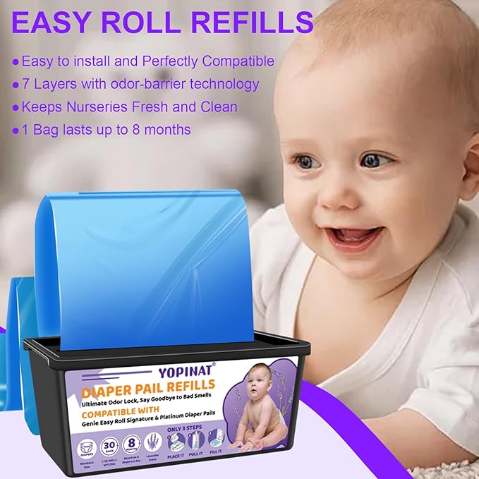 Diaper Easy Roll Refill Bags 3 Pack | 90 Diaper Pail Refills | Holds Up to 4200 Newborn Diapers | Superior Odor Control | Compatible with Genie Easy Roll Signature & Platinum Pails