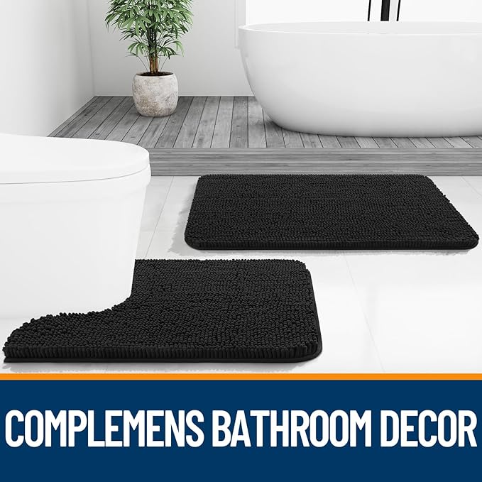 OLANLY Bathroom Rugs Sets 3 Piece, Soft Absorbent Chenille Bath Mats and U-Shaped Contour Toilet Rug, Quick Dry, Home Decor Accessories, Bath Mat Set for Bathroom (36"x24"+24"x16"+24"x20", Black)