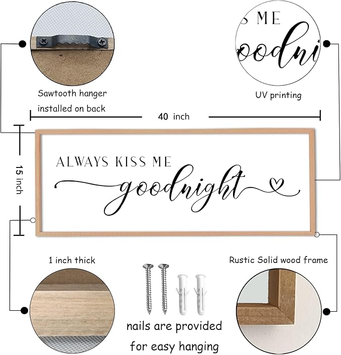 Always Kiss Me Goodnight Sign Wall Decor 40"X15" Master Bedroom Above Bed Large Wooden Framed for Couples Over Bed Wall Hanging Art (Wood)