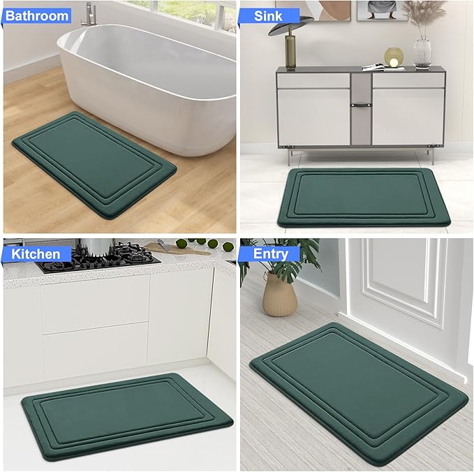 Grandaily Memory Foam Bath Mat Rug 30x20, Ultra Soft, Non-Slip and Absorbent Bathroom Rugs, Machine Wash Dry, Comfortable Bath Carpet for Bathroom Floor, Tub and Shower, Dark Green