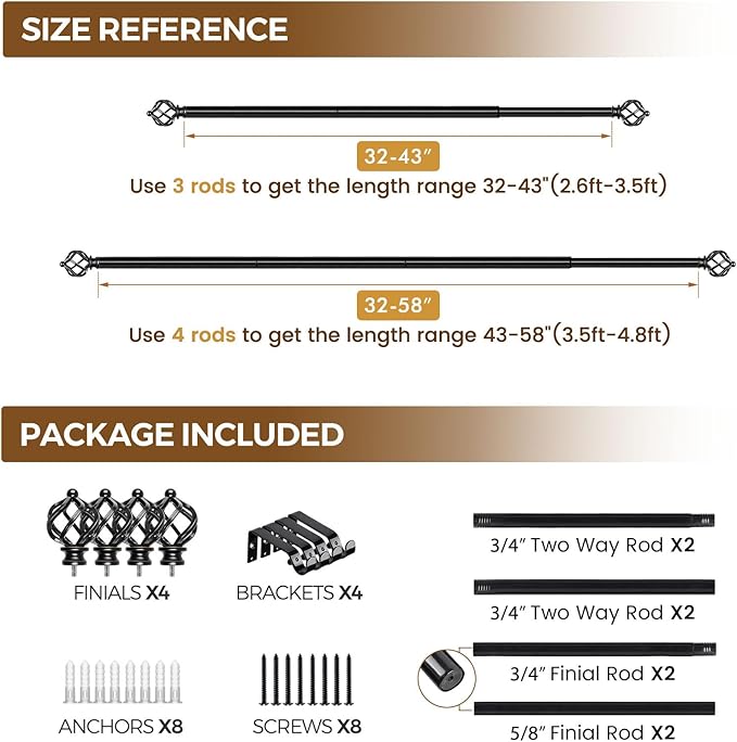 KAMANINA 2 Pack Curtain Rods 32 to 58 Inches (2.6-4.8ft), 3/4 Inch Black Curtain Rods for Windows Splicing Adjustable Single Drapery Rod with Twisted Cage Finial, for Indoor and Outdoor