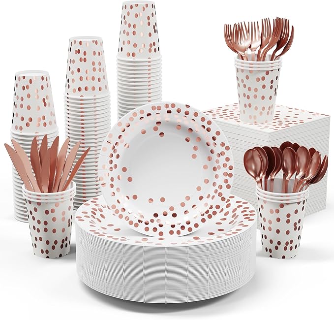 White and Rose Gold Party Supplies - 350 PCS Disposable Dinnerware Set - White Paper Plates Napkins Cups, Gold Plastic Forks Knives Spoon for Graduation, Birthday, Thanksgiving, Cocktail Party