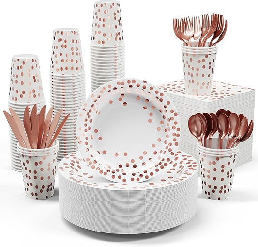 White and Rose Gold Party Supplies - 350 PCS Disposable Dinnerware Set - White Paper Plates Napkins Cups, Gold Plastic Forks Knives Spoon for Graduation, Birthday, Thanksgiving, Cocktail Party