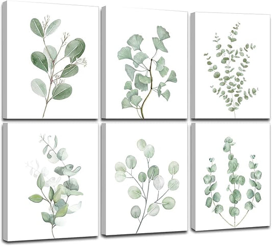 FRAMED Botanical Plant Canvas Wall Art, Boho Plant Wall Decor Minimalist Floral Wall Decor Light Green Botanical Wall Art for Bedroom Living Room Bathroom Office (Set of 6, 8x10 inch, Framed)