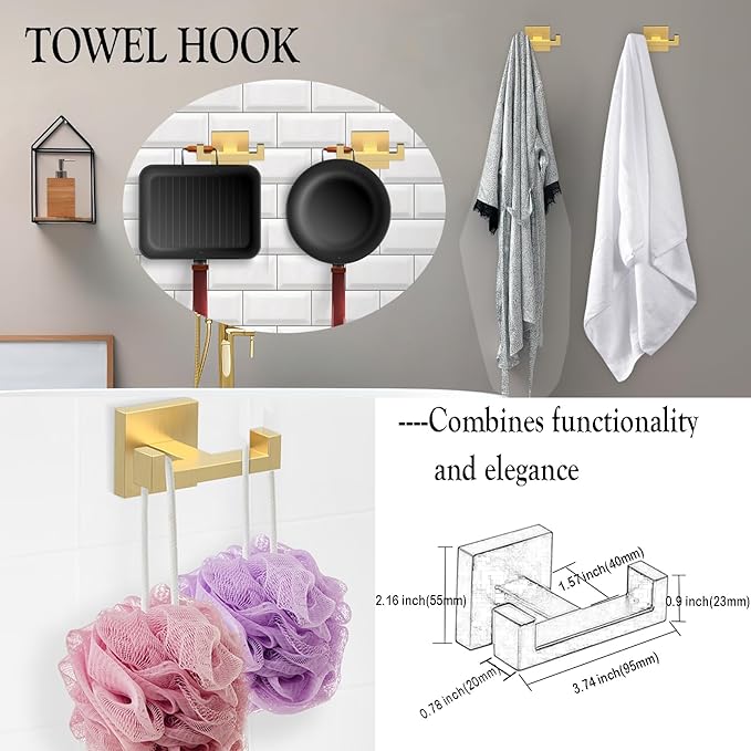 BOZWELL 4 Pieces Light Brushed Gold Stainless Steel Towel Bar Set, 23.6 inch Square Bathroom Hardware Accessories Set,Wall Mounted Towel Racks for Bathroom