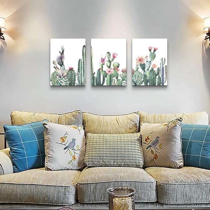 Canvas Wall Art For Living Room Family Wall Decor For Bedroom Kitchen Wall Art Pictures Artwork Prints Green Succulent Cactus Wall Painting Modern Framed Bathroom Home Decorations 12" X 16"3 Piece