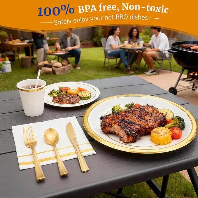 AIRE 175PCS White Gold Paper Plates Party Supplies Dinnerware Sets for 25 Guests, Disposable Paper Party Plates, Cups and Napkins, Gold Plastic Forks Knives Spoons for Wedding Birthday BBQ Parties