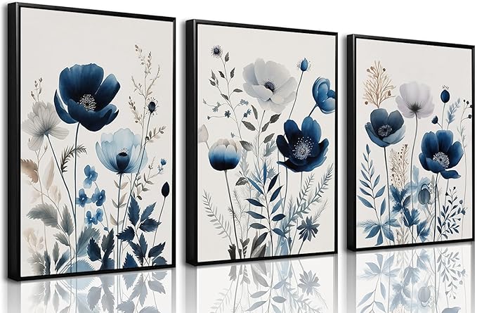 BingruiArt Navy Blue Wall Art Canvas Abstract Floral Painting Blue and Gray Posters Flower Decor Wildflower Pictures Botanical Prints for Living Room Bedroom Bathroom 3 Pcs 12"x16" Black Framed