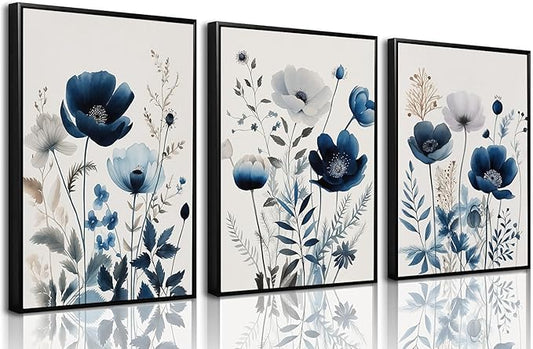 BingruiArt Navy Blue Wall Art Canvas Abstract Floral Painting Blue and Gray Posters Flower Decor Wildflower Pictures Botanical Prints for Living Room Bedroom Bathroom 3 Pcs 12"x16" Black Framed