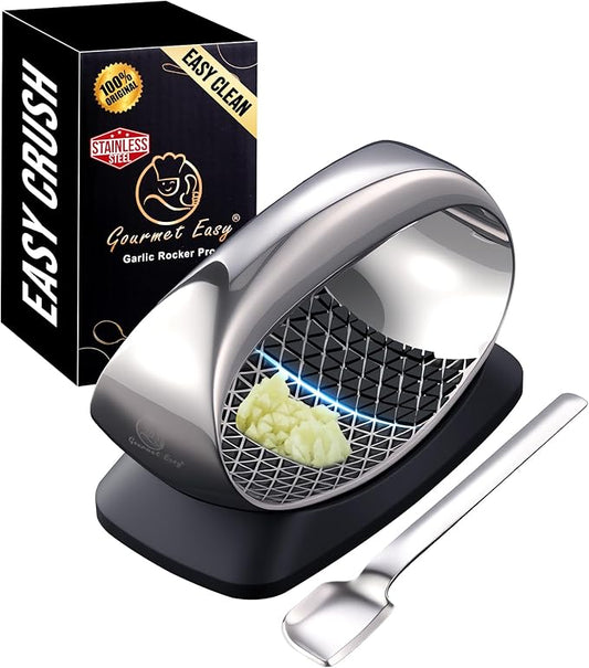 Garlic Press Rocker Stainless Steel with Eject Base + Scraper Spoon, Innovative 3D Cutting, Easy Crush & Clean Garlic Mincer, Premium Garlic Peeler Tool with Non-Slip Ergonomic Grip, 5 Year Warranty
