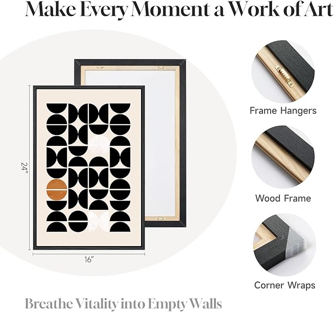 Framed Orange Abstract Wall Art for Living Room, Boho 3 Piece Large Black and White Geometric Canvas Painting Prints, Minimalist Botanical Sun Artworks for Bedroom Hallway Office Wall Decor
