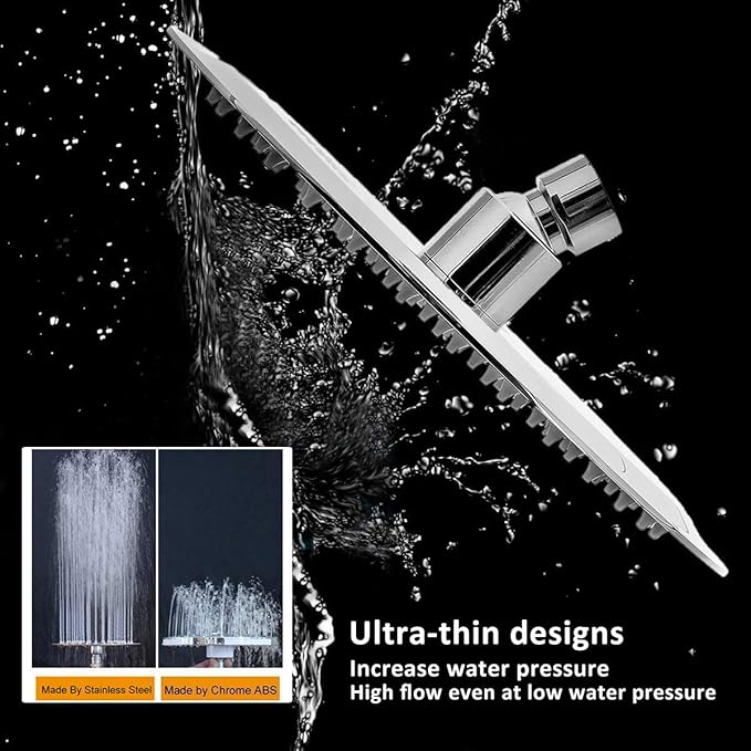 NearMoon Rain Shower Head with 11'' Adjustable Arm, High Pressure Stainless Steel Rainfall Shower, Ultra-Thin Design - Pressure Boosting (8 Inch, Chrome)