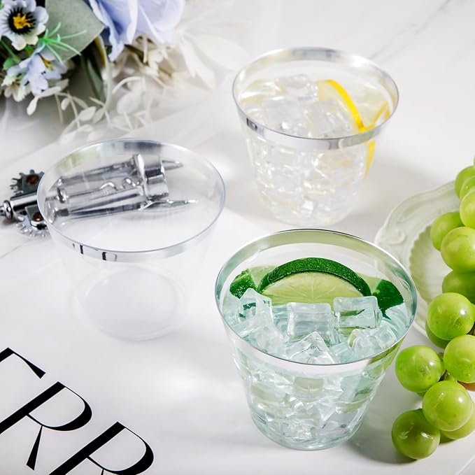 Ciaell 200PCS Silver Plastic Cups - 9Oz Heavy Duty Plastic Cups - Silver Rimmed Cup - Disposable Clear Cup with Silver Rim for Party & Wedding