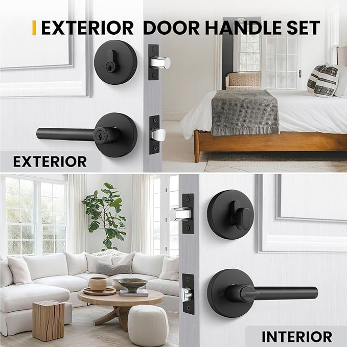 Goldenwarm Exterior Deadbolt and Keyed Entry Door Handle Set, Heavy Duty Zinc Alloy Black Door Lever, Key Entry Front Matte Black Door Handle with Lock and Key(1 Pack)