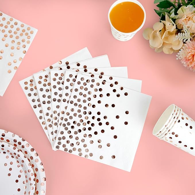 White and Rose Gold Party Supplies - 350 PCS Disposable Dinnerware Set - White Paper Plates Napkins Cups, Gold Plastic Forks Knives Spoon for Graduation, Birthday, Thanksgiving, Cocktail Party