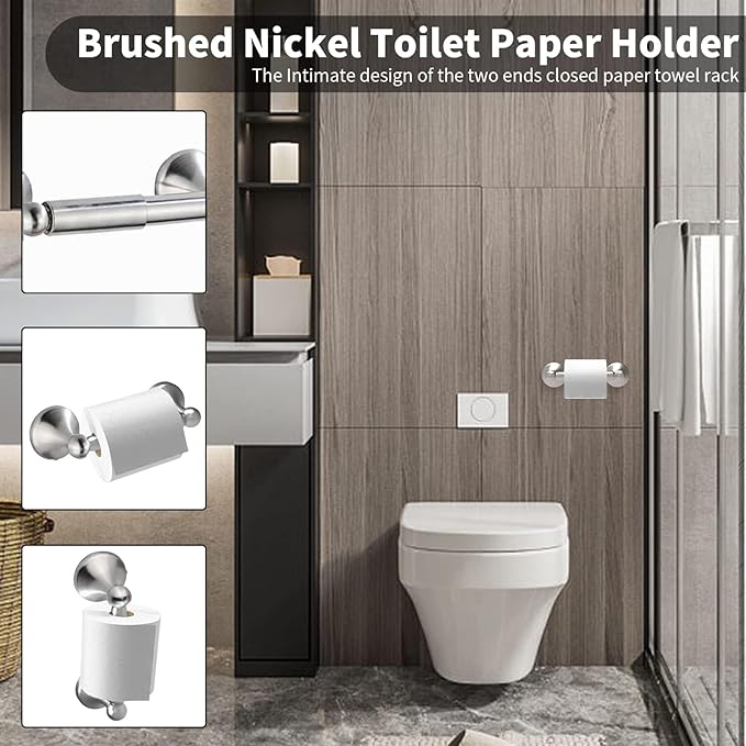 Newfun 8-Pieces 24" Bathroom Hardware Set, Bathroom Accessory Set, Includes 24" Adjustable Bath Towel Bar, Towel Rings Wall Mounted, Toilet Paper Holder, Robe Towel Hooks (Brushed Nickel)