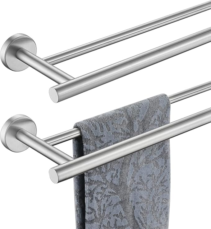 JQK Double Bath Towel Bar, 20.5 Inch 304 Stainless Steel Thicken 0.8mm Towel Rack Bathroom, Towel Holder Brushed Finished Wall Mount, Useable Length 18 Inch 2 Pack, TB100L18-BN-P2