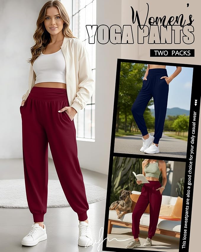 2 Pack Women's Yoga Joggers, Cozy Sweatpants with Pockets Casual Loose Comfy High Waisted Lounge Pants