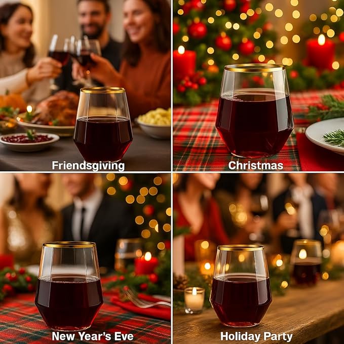 Oojami 40 count Diamond Unbreakable Stemless Plastic Wine Champagne Whiskey Glasses Elegant Durable Disposable Indoor Outdoor Ideal for Home, Office, Bars, Wedding, 12 Ounce Cups Gold Rim (Gold)