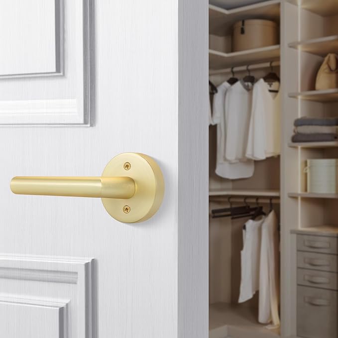 Goldenwarm Gold Door Handles Dummy, Bruhsed Gold Door Handle Zinc Alloy, No-Turning Dummy Door Levers for Closet Hallway(4 Pieces/2 Pack)