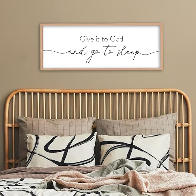 Give It To God And Go to Sleep Wall Decor 40"X15" Master Bedroom Above Bed Large Wood Framed Sign Rustic Guest Room Over Bed Wall Hanging Art (Wood)