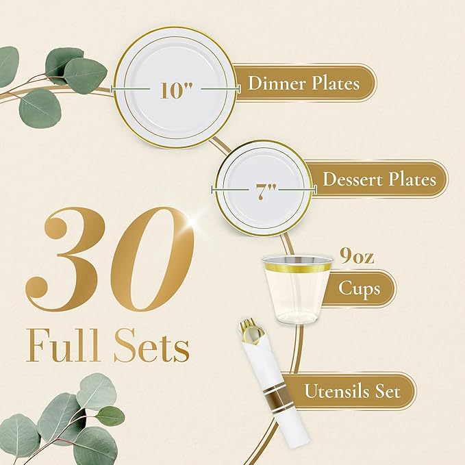 Reli. Plastic Plates for Party | 210 Pieces | White w/Gold Rim | Plates and Napkins Party Supplies | Disposable Dinnerware Set for 30 Guests | Dinner & Dessert Pack, Pre-Rolled Gold Cutlery Set, Cups