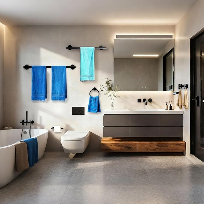 5-Piece Matte Black Bathroom Hardware Set - 5-in-1 Towel Rack Set, 23.6-inch SUS304 Stainless Steel Towel Bar and Toilet Paper Holder | Modern Black Bathroom Accessories (5, Matte Black)