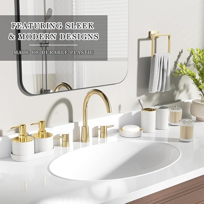 Bathroom Set, 10PC Bathroom Accessory Set, White Bathroom Accessories, White and Gold Bathroom Set with Trash Can, Soap Dispensers