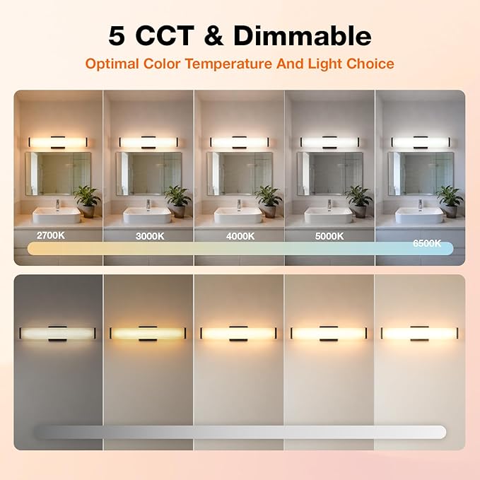 LEDVANCE Sylvania 24" Modern Vanity Lights for Bathroom, 22W, 5 Temperature Select (2700K/3000K/3500K/4000K/6000K), Dimmable, Square Shape, Black, with Accessories - 1 Pack (66556)