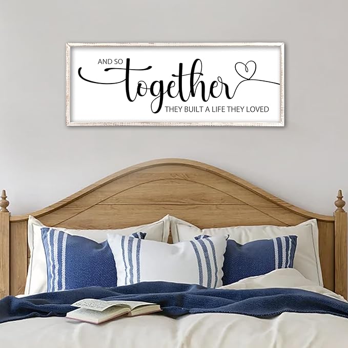 And So Together They Built A Life They Loved Sign Wall Decor 40"X15" Bedroom Above Over Bed Large Wood Framed Love Quotes for Couple Wall Hanging Art (White)