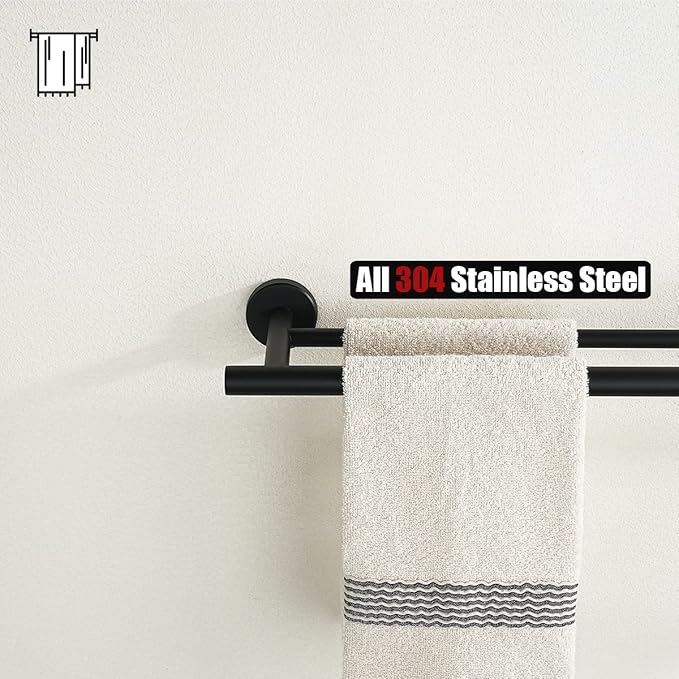 JQK Double Towel Bar 27 Inch, Matte Black Useable Length 24 Inch 304 Stainless Steel Thicken 0.8mm Bath Towel Rack for Bathroom, Towel Holder Wall Mount, TB100L24-PB