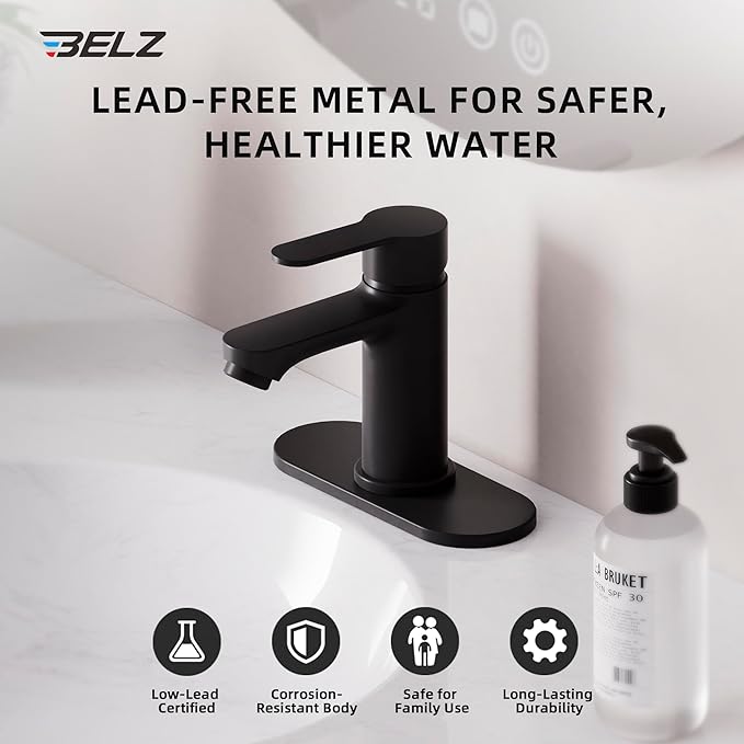 BELZ Bathroom Faucet, Single Handle Matte Black Sink Faucet for 1 or 3 Hole Installation, Modern Lead-Free Metal Vanity Faucet with Pop-Up Drain & Supply Hoses (Matte Black)