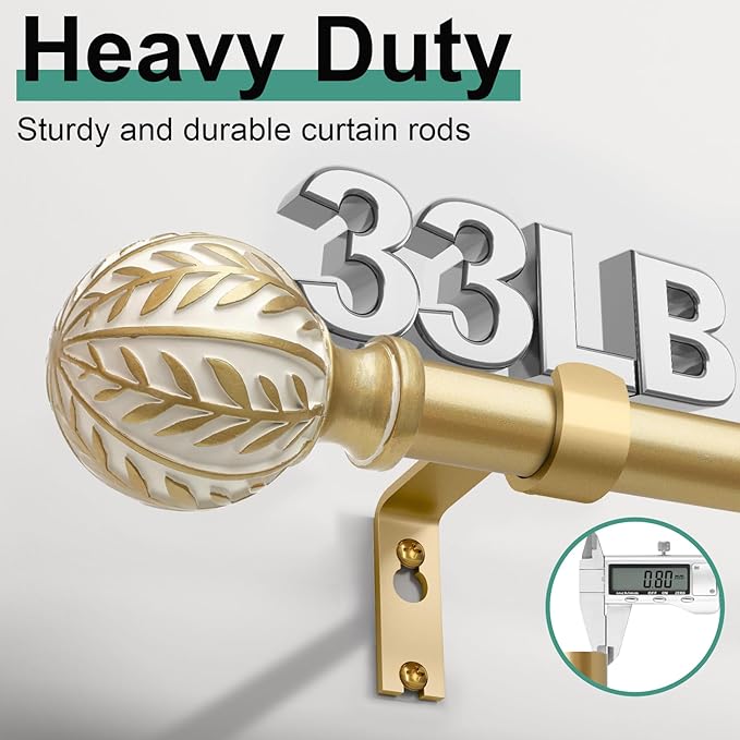 Gold Curtain Rods for Windows 28 to 48 inch,1" Adjustable Heavy Duty Window Curtain Rod with Leaf Finials,Rustic Decorative Drapery Rods Set,Size:18-60''