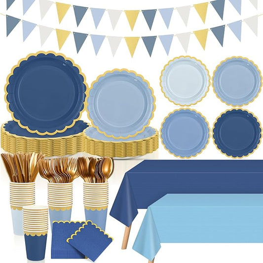 Mimorou 342 Pcs Dusty Blue Party Supplies Blue Tableware Paper Disposable Plates Napkins Cups Plastic Tablecloth Navy Triangle Banner for Winter Wedding Bachelorette Birthday