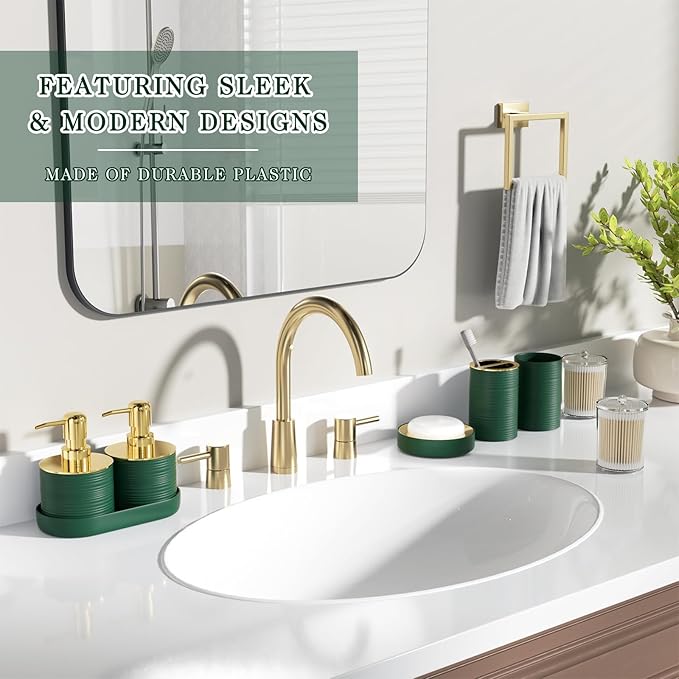 Bathroom Set, 10PC Bathroom Accessory Set, Green Bathroom Accessories, Green and Gold Bathroom Set with Trash Can, Soap Dispensers