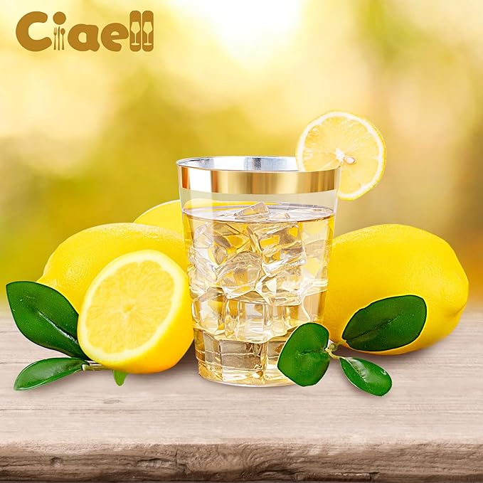 Ciaell 120PCS Gold Plastic Cups - 10Oz Heavy Duty Clear Plastic Cups with Gold Rim - Gold Rim Disposable Cups for Wedding, Birthday & Christmas