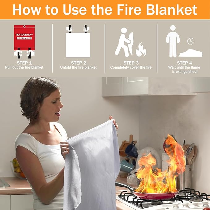 Mondoshop Fire Blanket Emergency for Home and Kitchen - 2 Pack 72"x72" Fire Blankets Fire Resistant Blanket for Camping, Grill, Car, Office, Warehouse, School, Picnic, Garages, Workshops